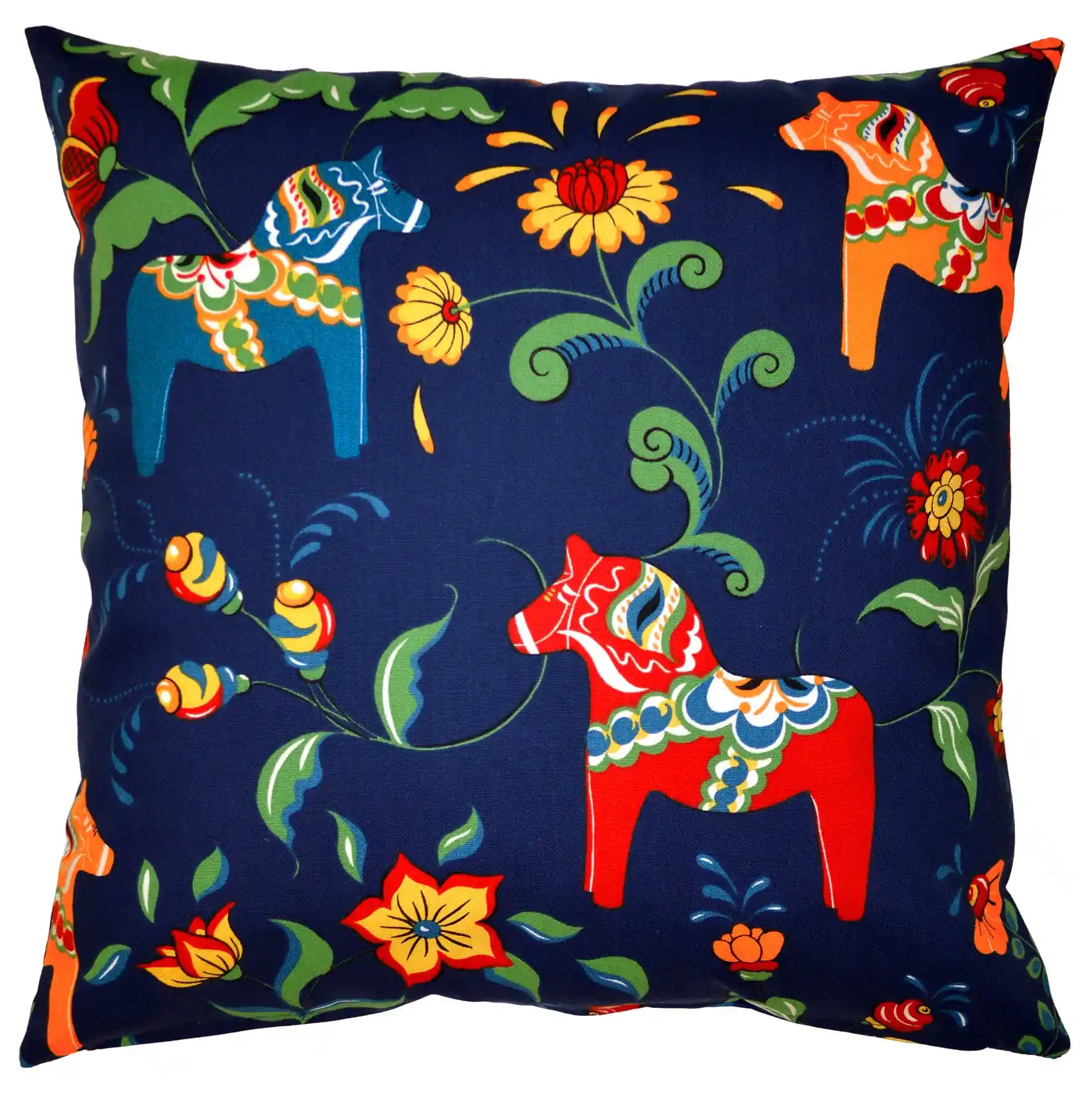 Dalahäst kuddfodral i blått och multicolor, 100% bomull. Perfekt prydnad för soffan eller bänken i hallen.