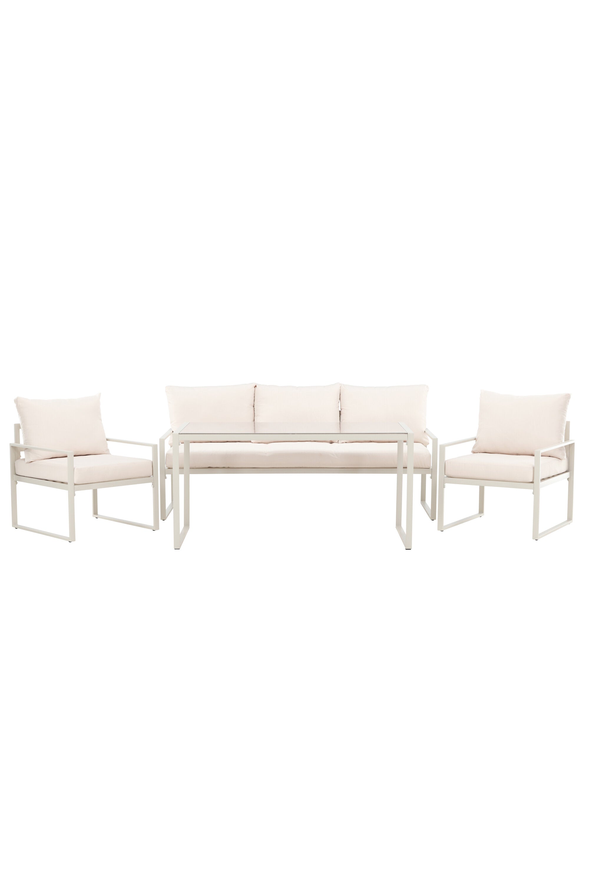 Elegant loungegrupp Catania med beige dynor, stålram och svart glasskiva – perfekt för stiliga utomhusvistelser.