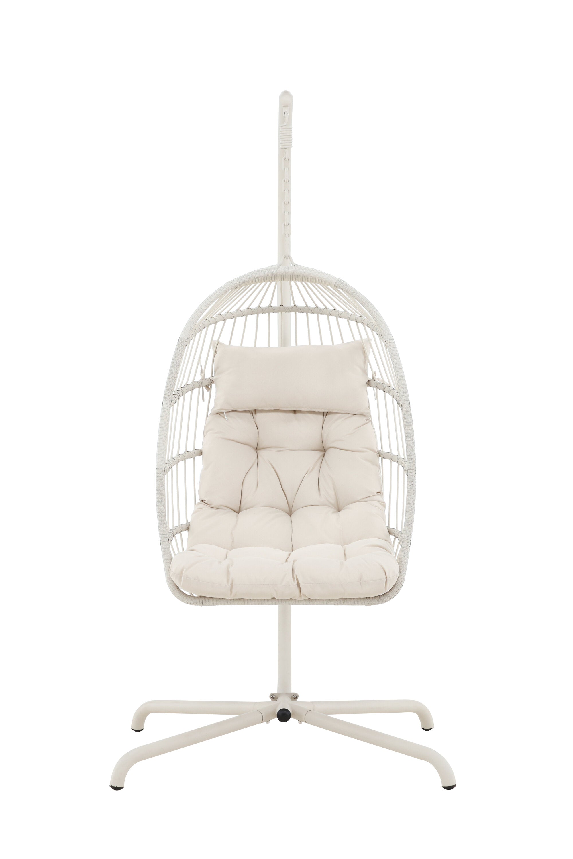 Elegant hängstol för utomhusbruk i beige, med robust stålram och mjuka dynor för avkoppling på uteplatsen.