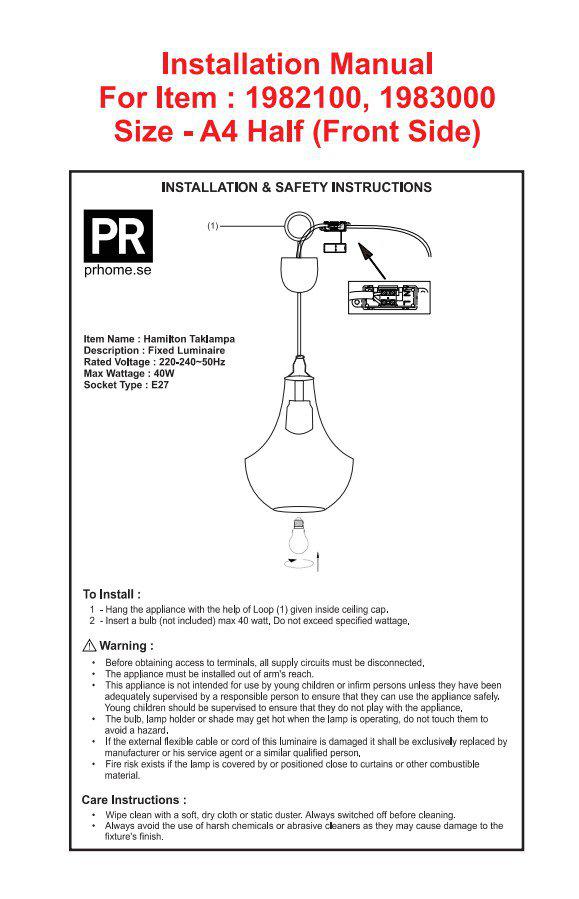 Pr Home Hamilton Taklampa Clear/Black 21 cm