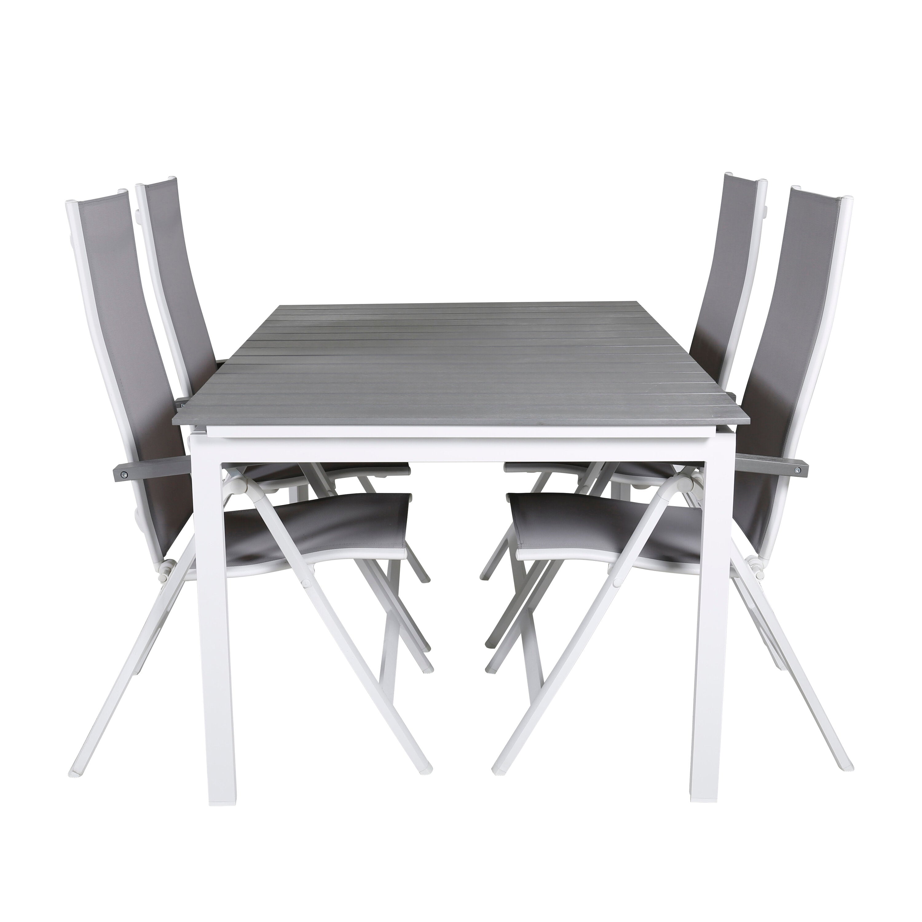 Förlängningsbart matbord Levels i klassisk stil med fällbara Albany-stolar, perfekt för moderna sommarkvällar utomhus.