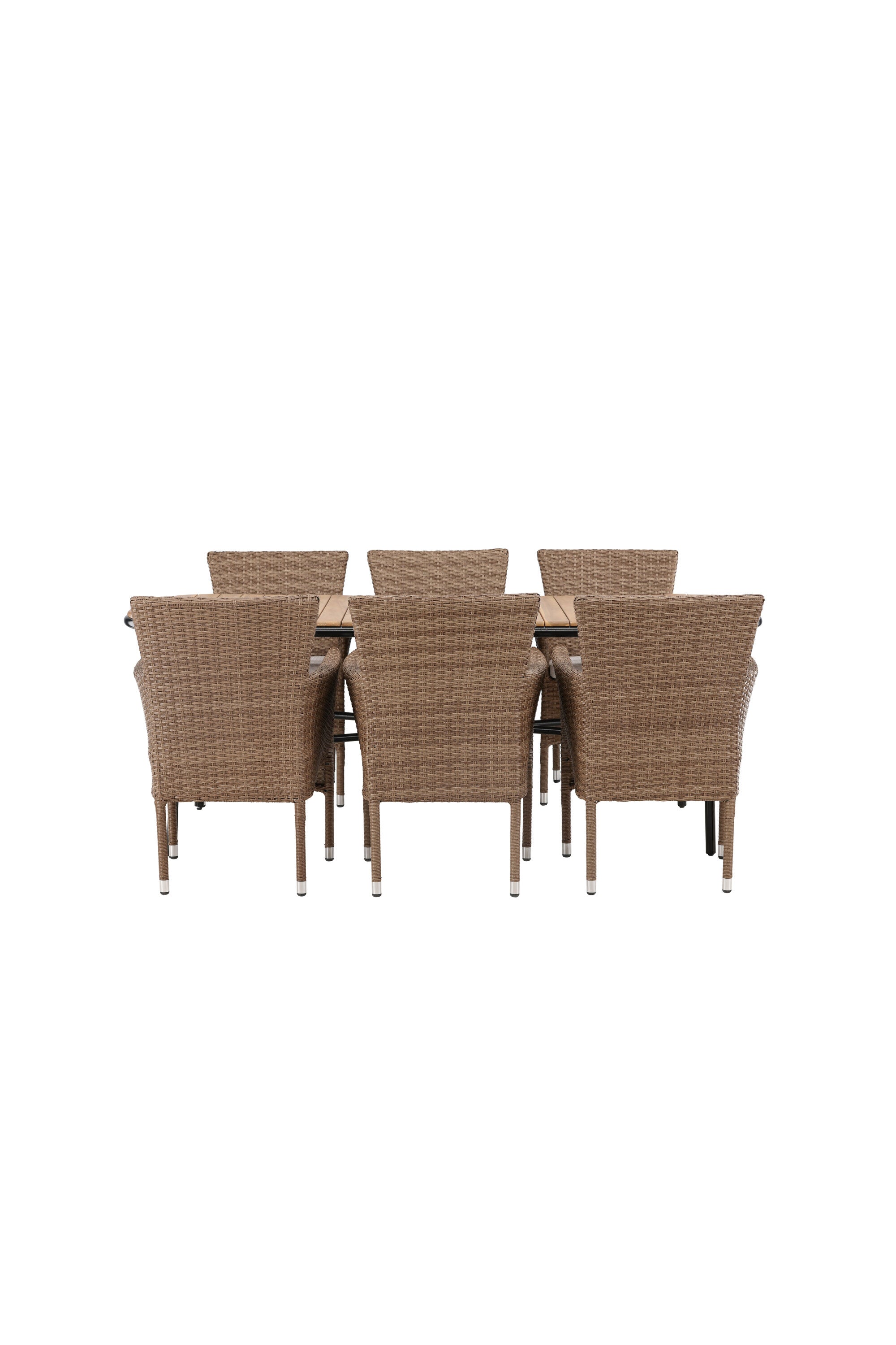 Matgrupp med rektangulärt akaciabord och svarta stålben, tillsammans med beige korgflätade Malina-stolar.