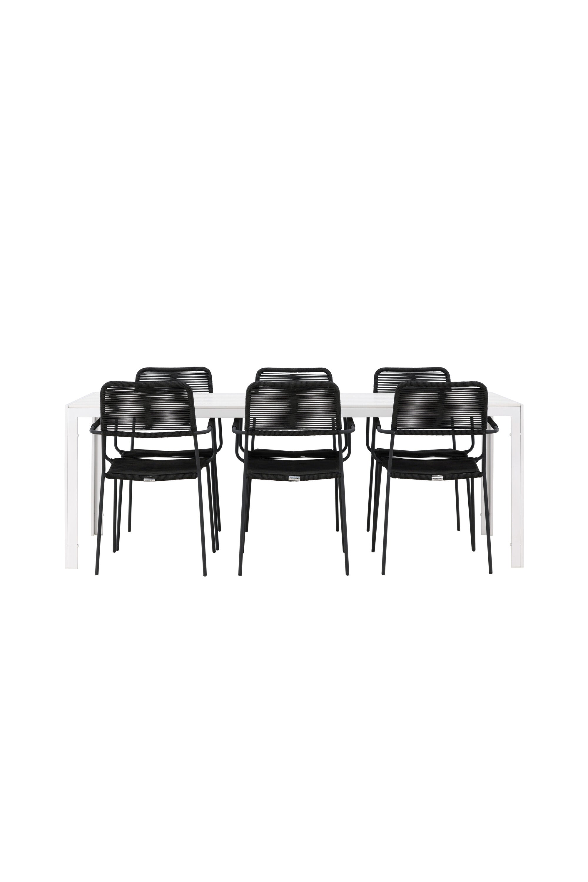Exklusiv matgrupp med sex eleganta Lindos stolar och stilfullt Break bord för utomhusmåltider.