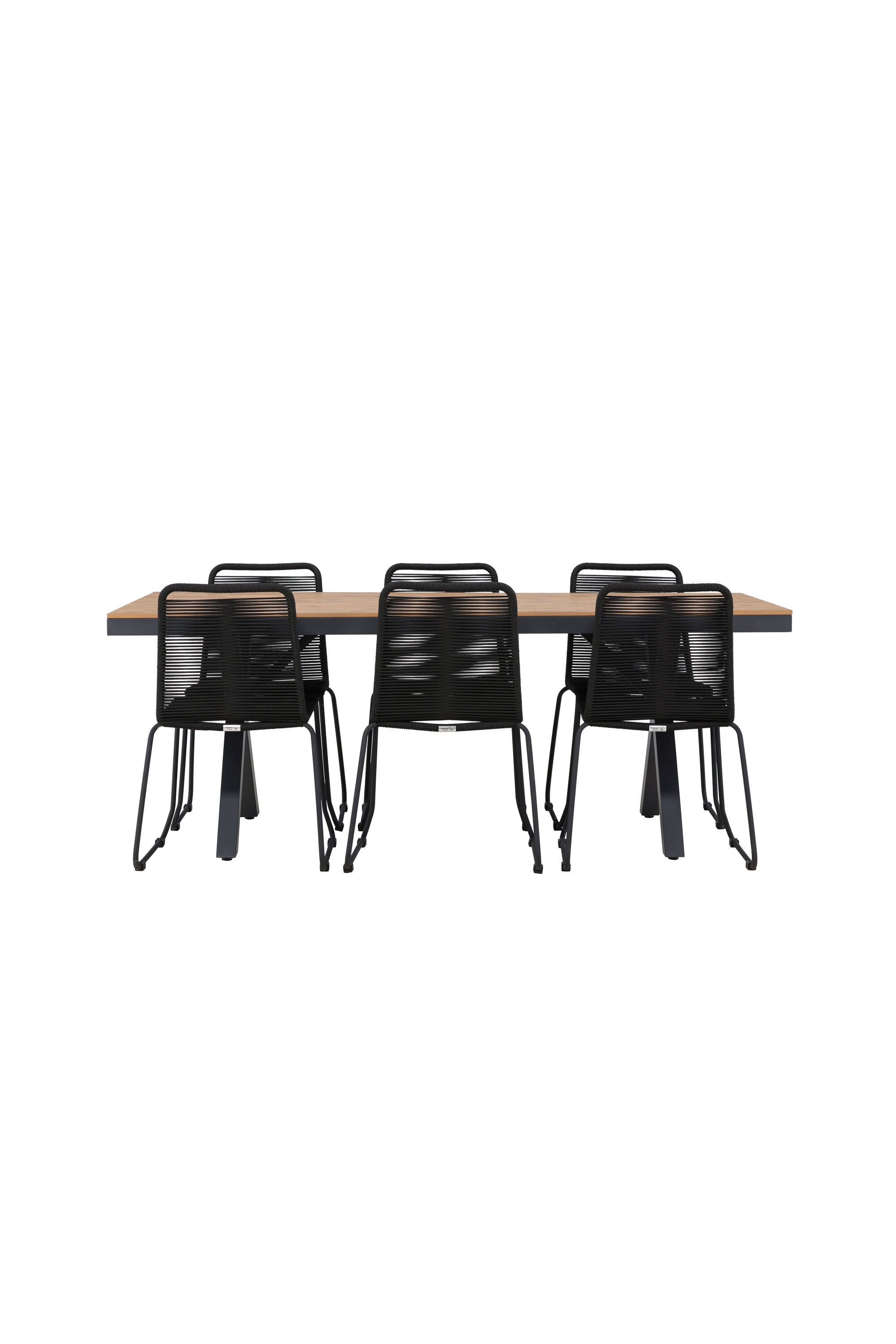Elegant utomhusmatgrupp med Garcia-bord i brun aluminium och sex Lindos-stolar i svart rep och stål. Perfekt för avkoppling.