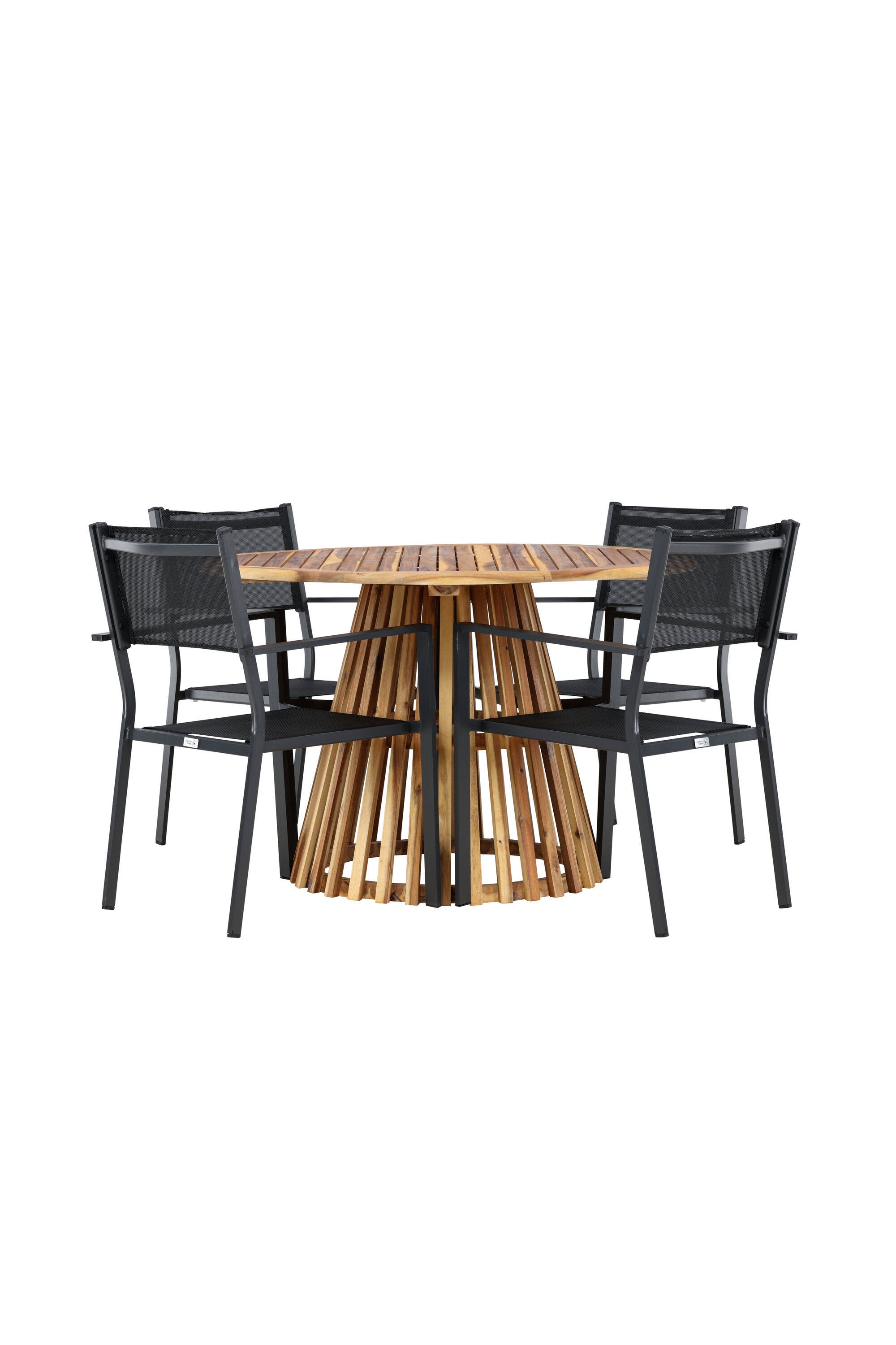 Matgrupp med Lumpur-bord i akacia och fyra Copacabana-stolar, elegant svart aluminiumdesign för moderna middagar.