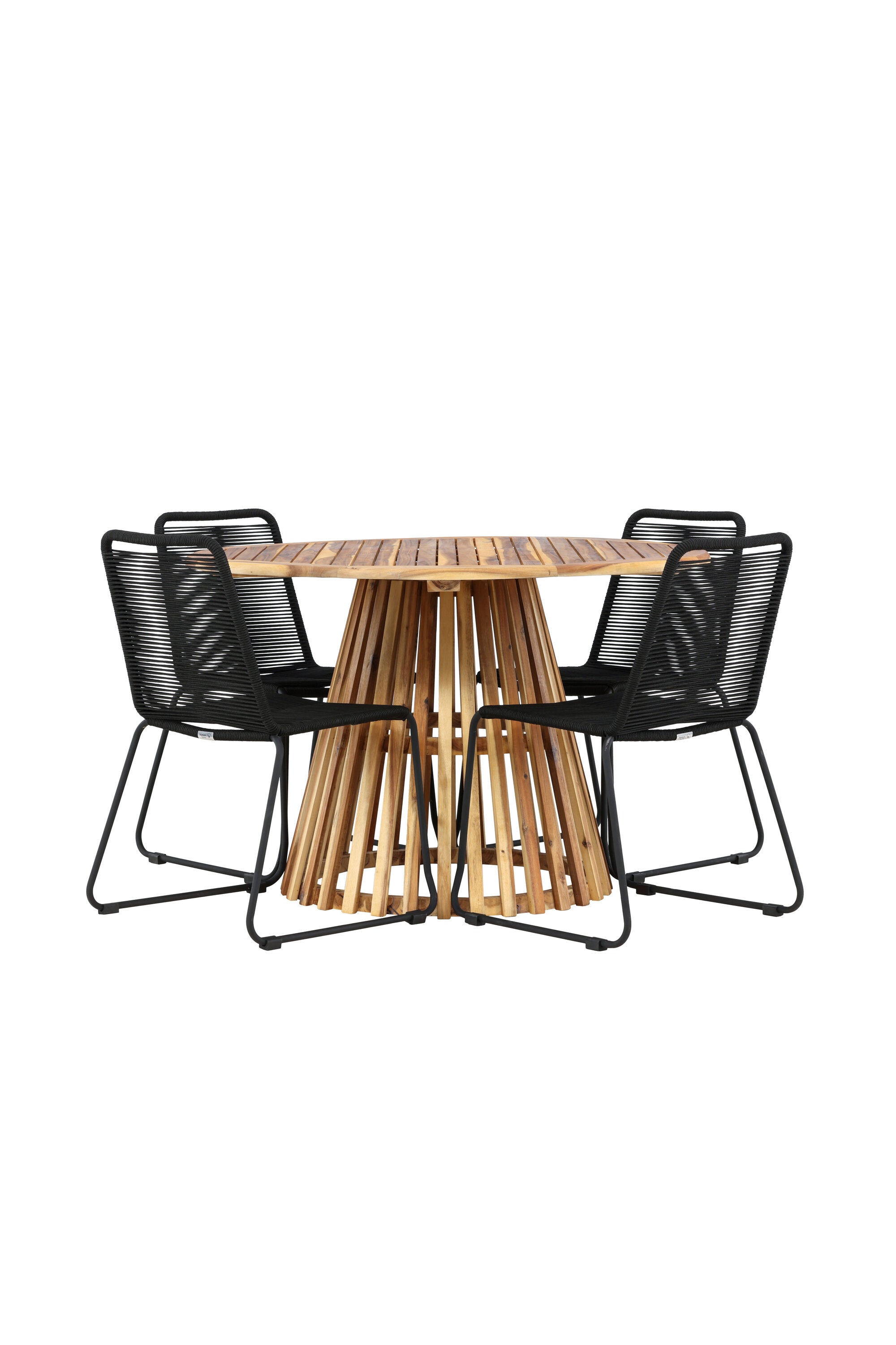 Elegant Lumpur-bord i akaciaträ med 120 cm diameter, perfekt för utomhusmåltider och sammankomster.
Stiliga Lindos-stolar i svart stål, hållbara och eleganta – idealiska för en sofistikerad utomhusmatplats.
