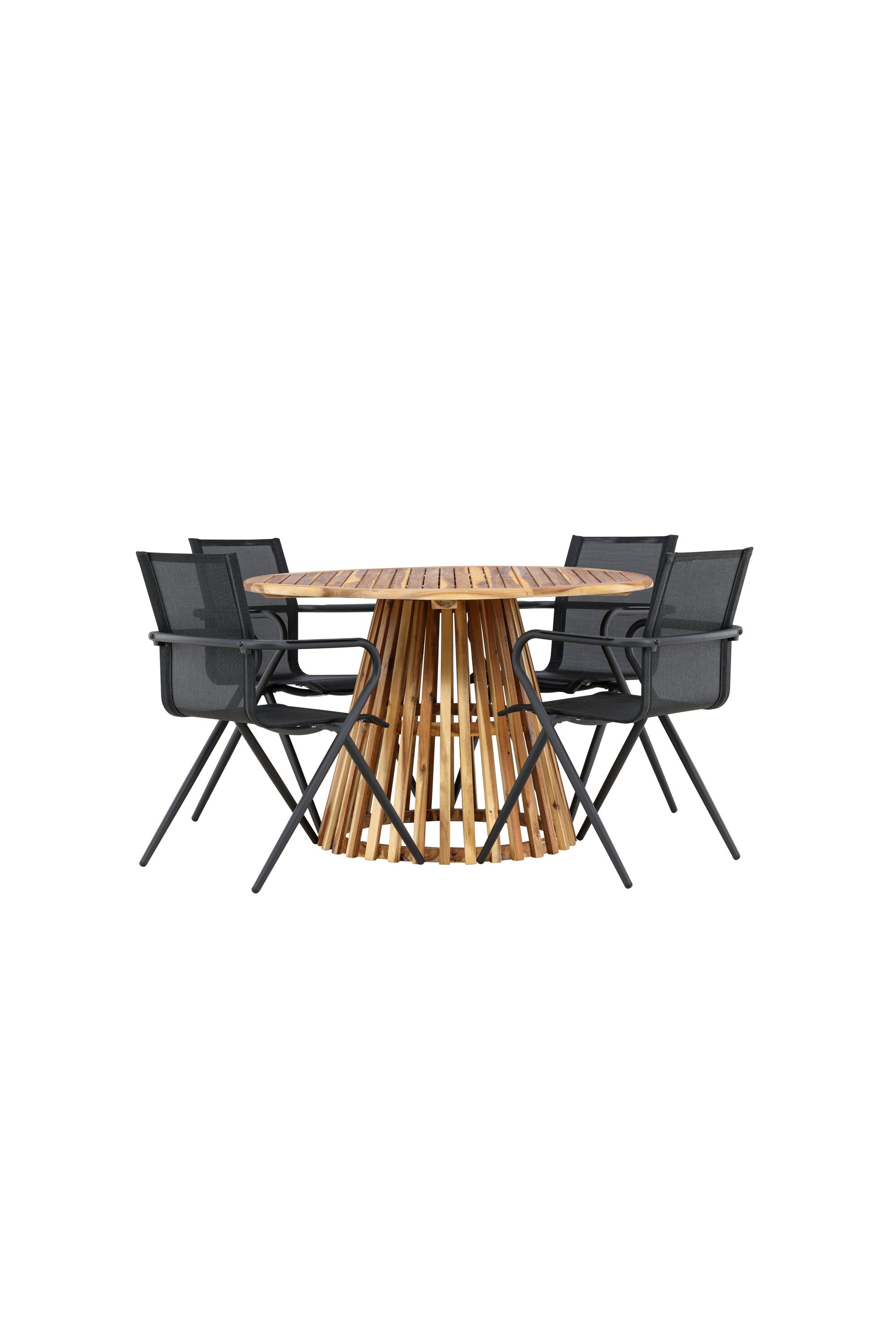 Elegant Lumpur-bord i akaciaträ med 120 cm diameter, perfekt för utomhusmiddagar. Kompletteras av stiliga Alina-stolar i svart aluminium.