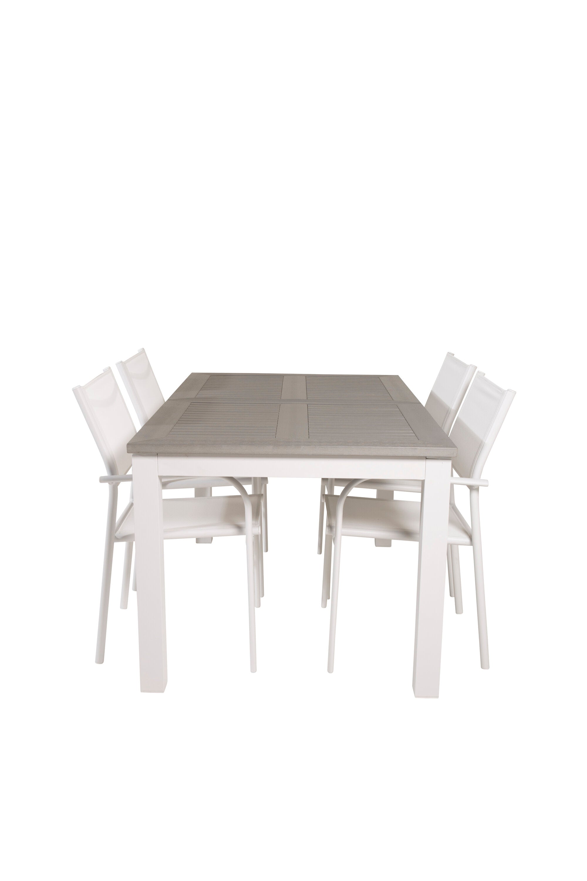 Förlängningsbart matbord Albany i smäcker design med matchande stolar Santorini, idealiskt för trendiga uteplatser.