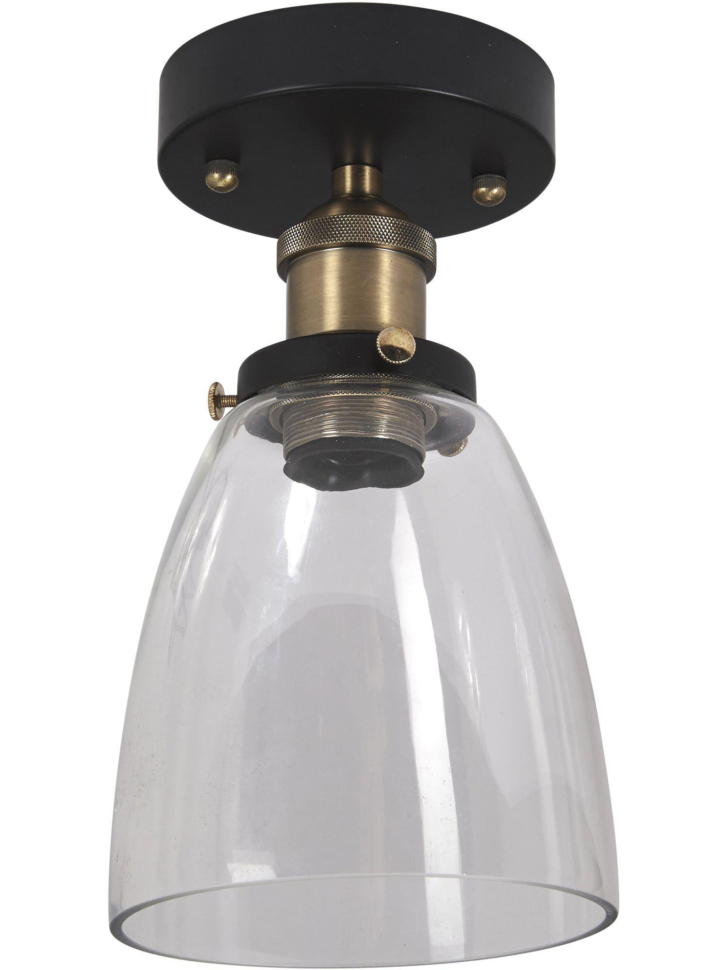 Klassisk taklampa från PR Home i mattsvart och mässing med handgjord klarglasskärm, perfekt för badrumsmiljöer.