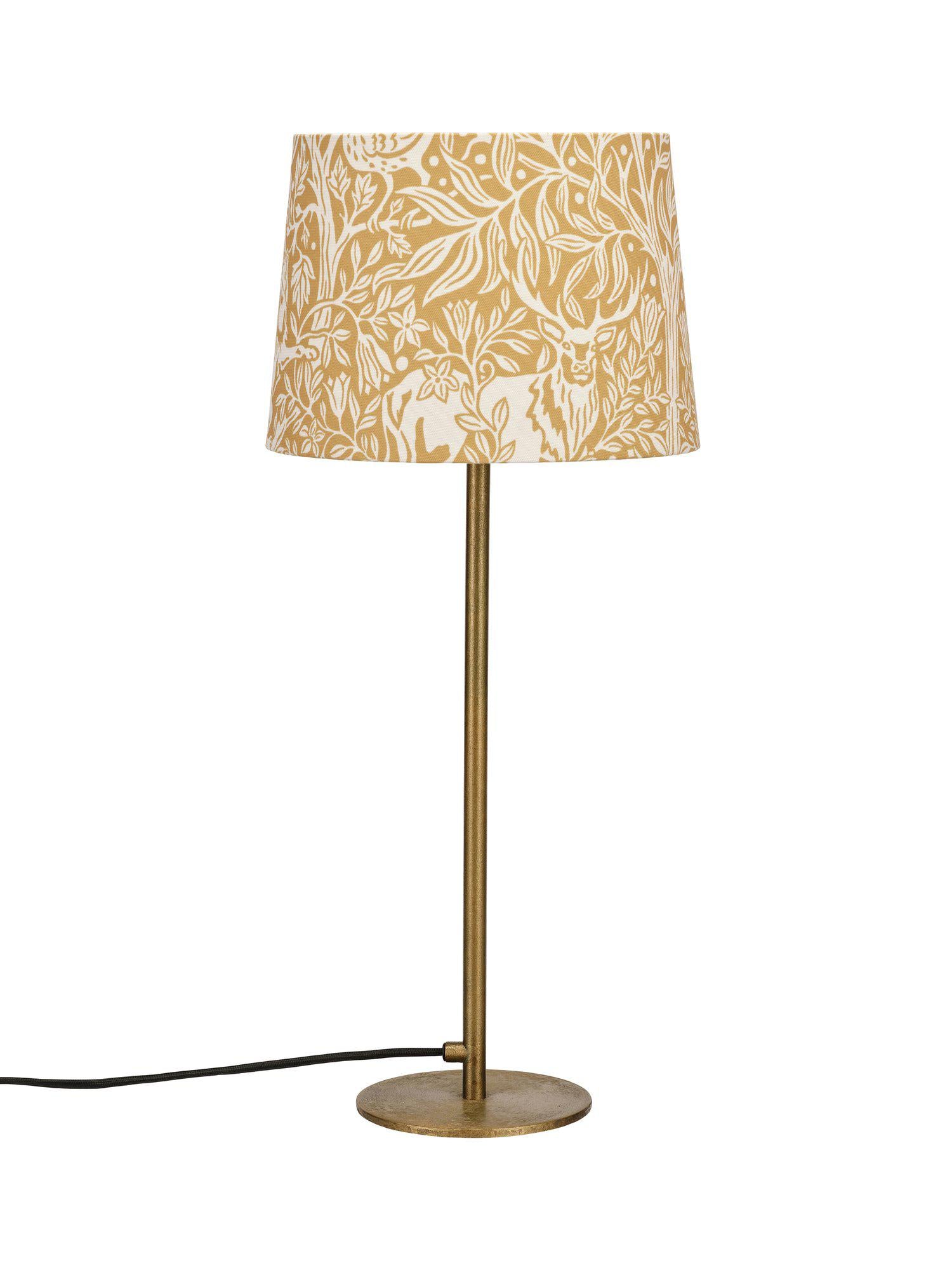 Lampfot i metall från PR Home med mörk lejongul skärm, diskret flädermönster och elegant design för stilfull hemmabelysning.