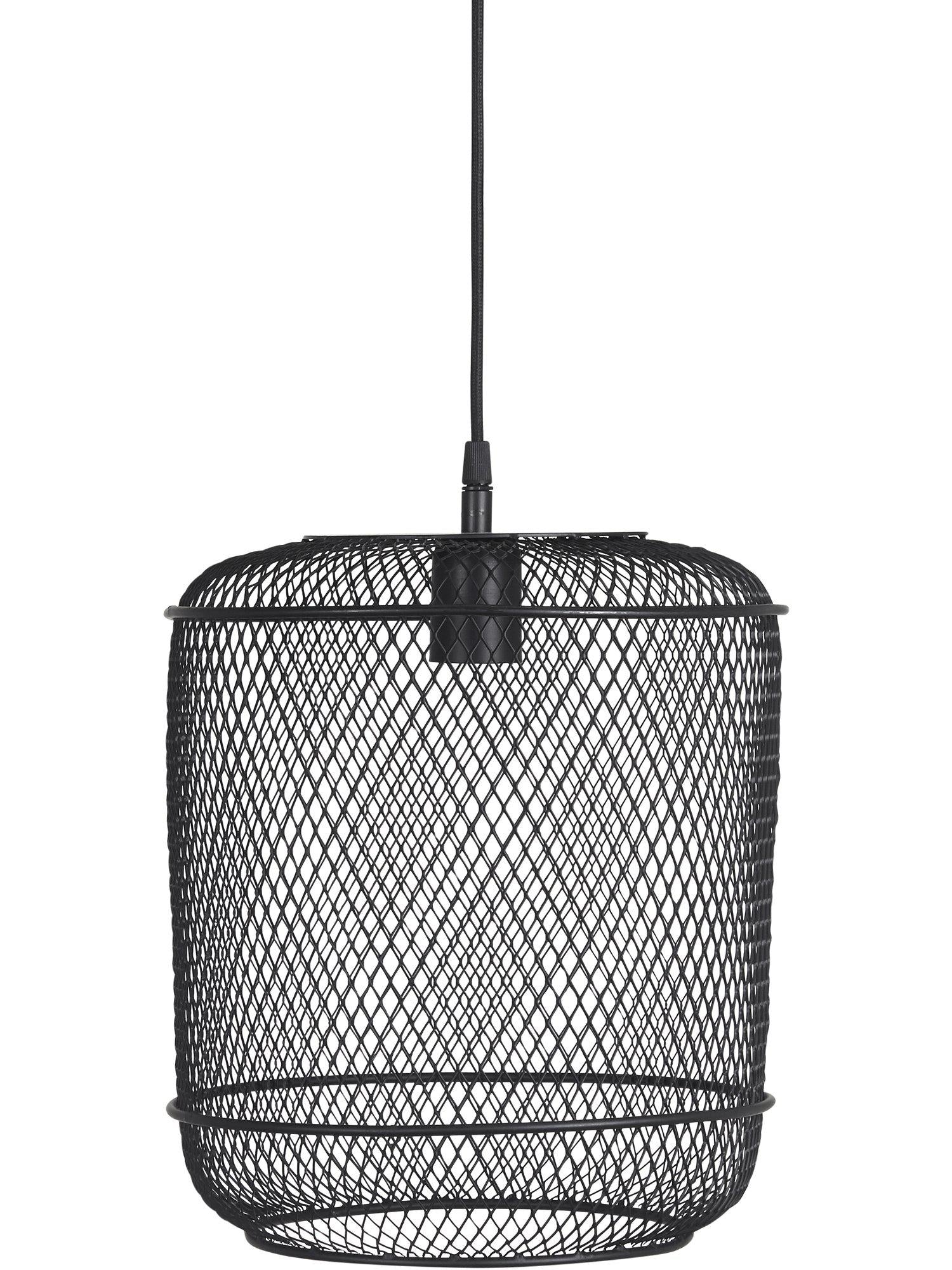 Rund metallgallerlampa från PR Home med textilsladd, skapar vackra reflektioner i innemiljöer. Höjd 36 cm, svart design.