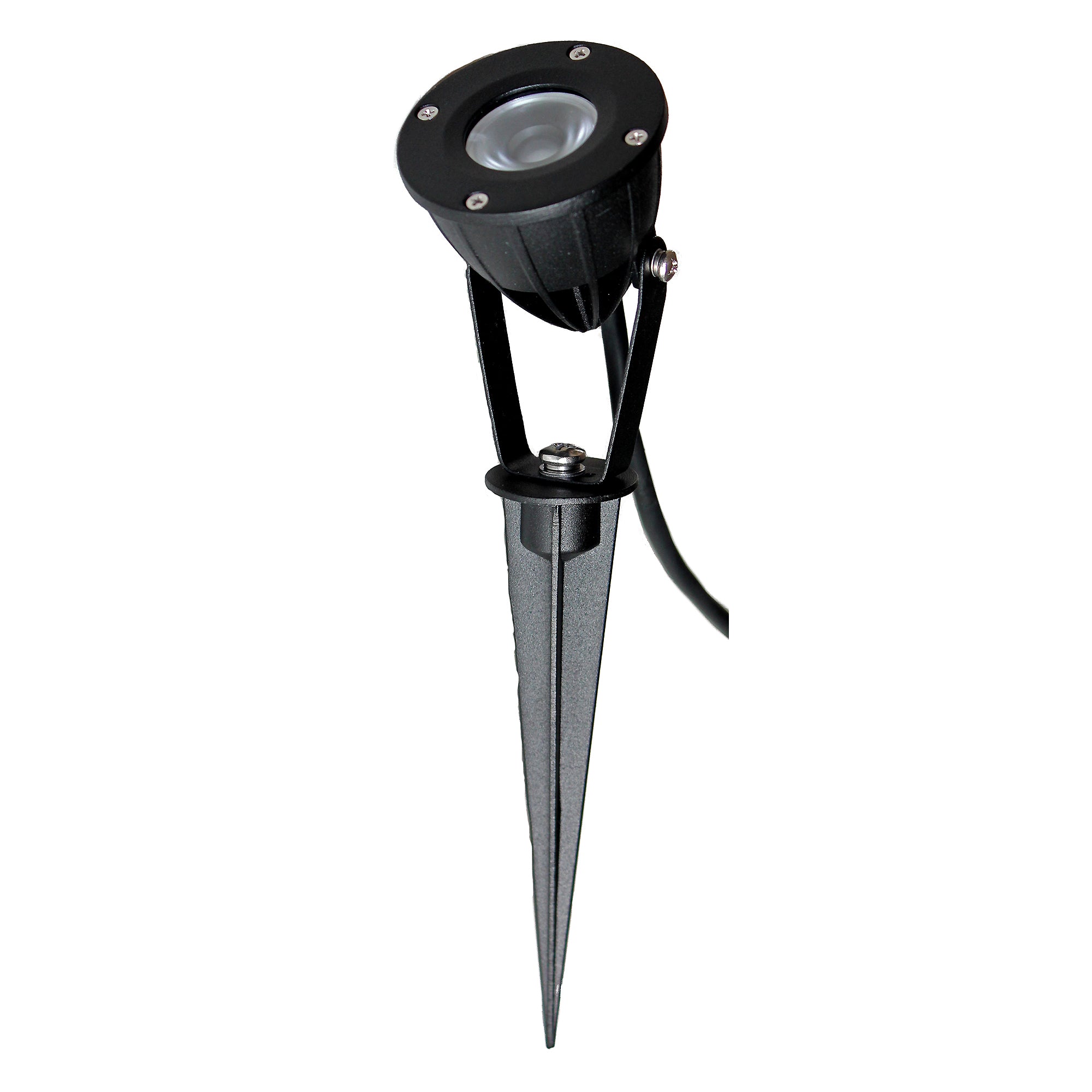 Smal spridning trädgårdslampa Luminus i svart aluminium, perfekt för att belysa trädkronor och prydnadsgräs med varmt ljus.