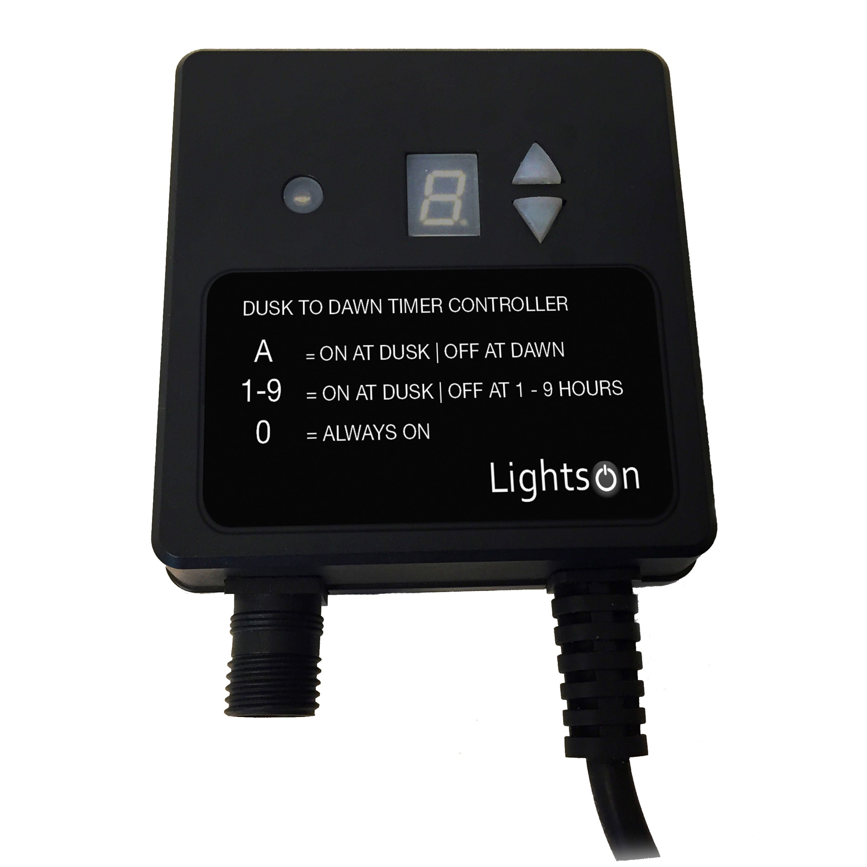 LightsOn Garden Plug & Play ljussensor med timer i svart PVC, automatiskt tänder belysning vid skymning för smart trädgårdsbelysning.